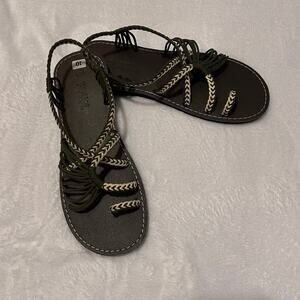 Plaka Flat Sandals for Women Braided Palm Leaf Teal & Moss Green, Size 10